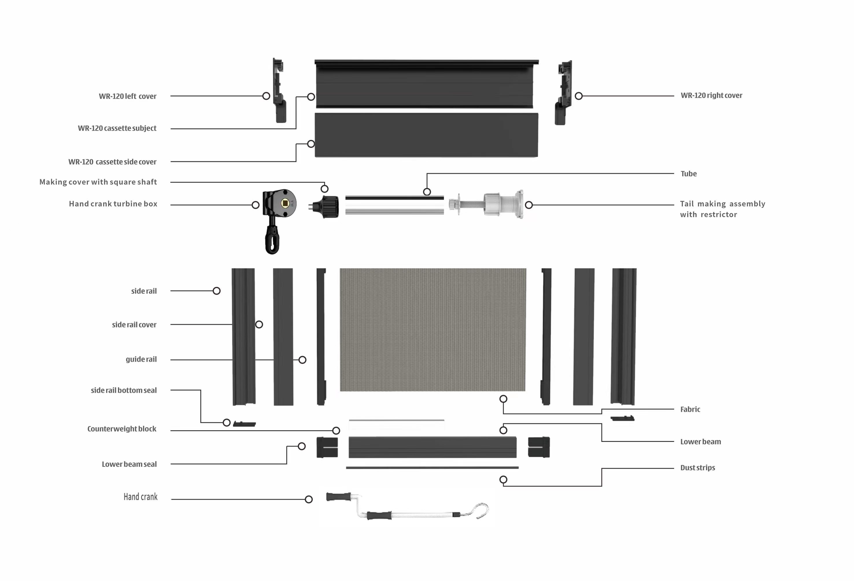 الستائر في الهواء الطلق مع نظام مقبض الكرنك